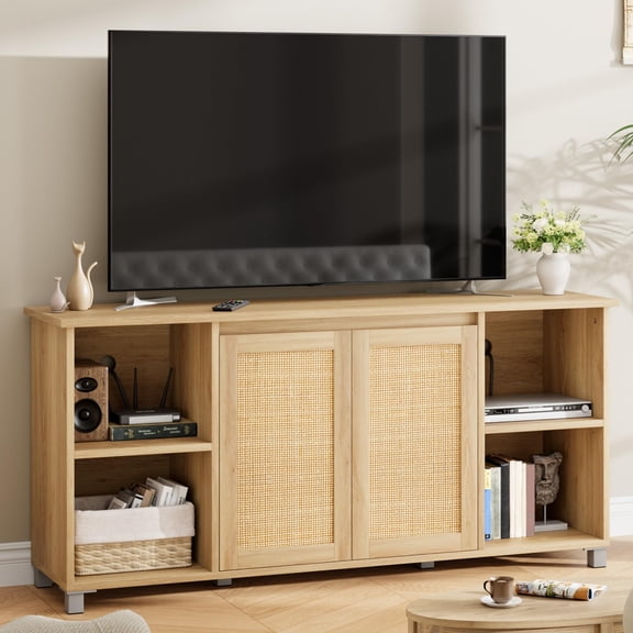 70" Boho TV Stand for Living Room - Entertainment Center with 2 Rattan Doors & 4 Open Shelves, Media Console with Storage