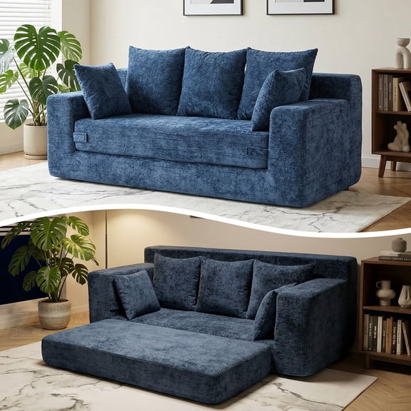 70" Boneless Couch with Pull Out Sofa Bed, 5 Pillows , 3 Seater Plush Velvet Sofa for Living Room & Bedroom,Blue