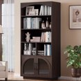 thumbnail image 1 of 70" Bookshelf and Bookcase, Brown Tall Bookcase with Glass Door, 5 Tier Mid-Century Book Shelves w/ Deep Storage Cabinet and Adjustable Shelves, Wood Standing Tall Book Shelf for Home Office Kitchen, 1 of 7
