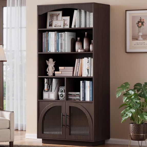 70" Bookshelf and Bookcase, Brown Tall Bookcase with Glass Door, 5 Tier Mid-Century Book Shelves w/ Deep Storage Cabinet and Adjustable Shelves, Wood Standing Tall Book Shelf for Home Office Kitchen