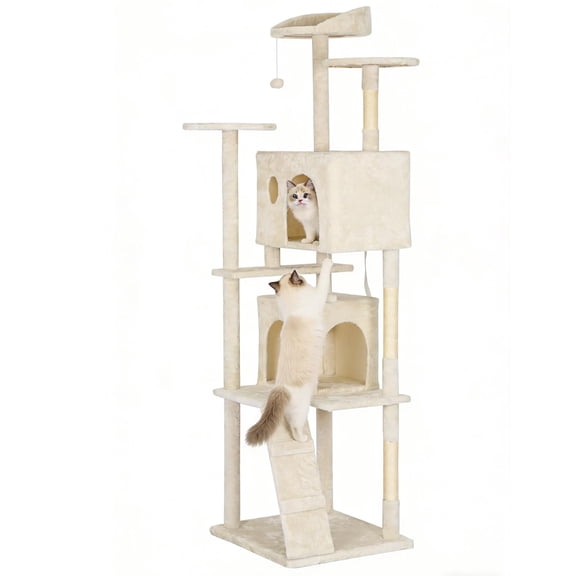 70" Cat Tree Tower | Beige | Sturdy, Easy to Assemble, Multi-Level Activity Center with Sisal Scratching Posts, Condos, Perches, Hanging Cat Toys, Observation Decks & Ladder