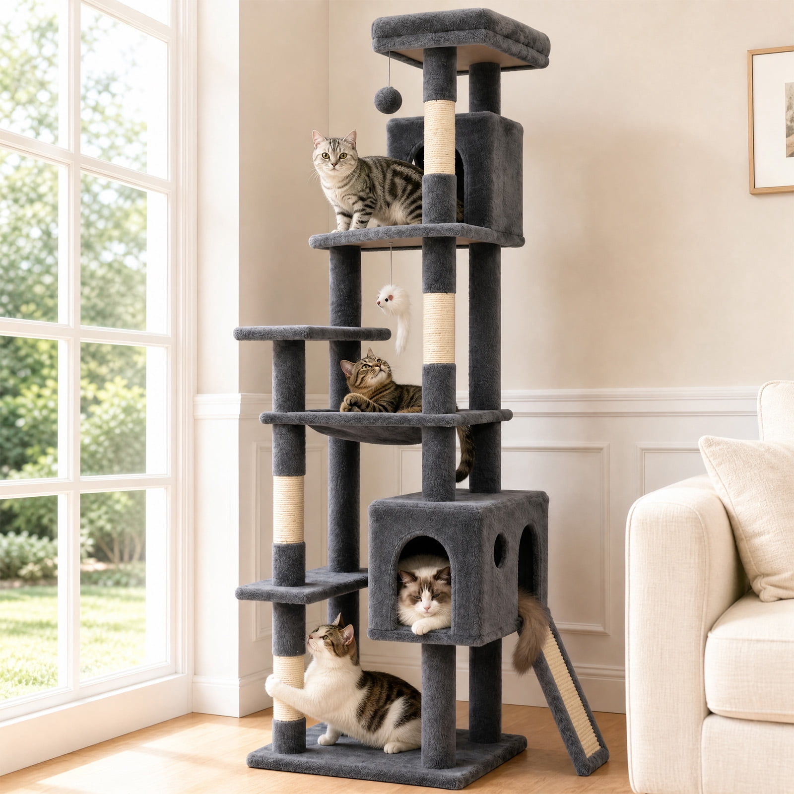 70" Cat Tree Tower, Heavy Duty Cat Tower for Multiple Adult Cats, Multi-Level Tall Cat Tree with 2 Condos, Hammock and Scratching Post for Indoor Kitties, Light Grey