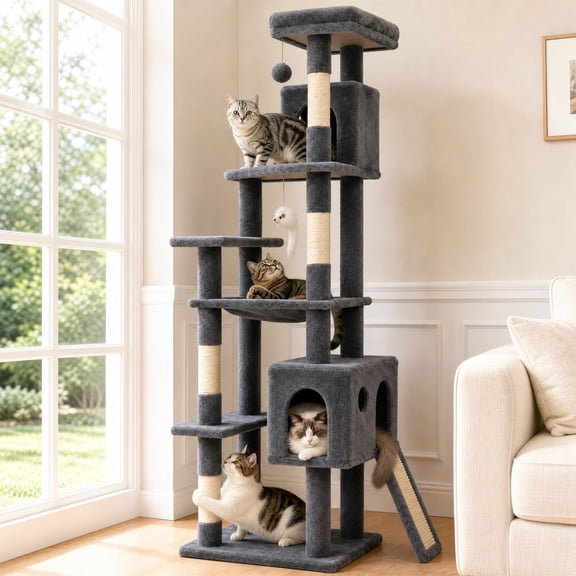 70" Cat Tree Tower, Heavy Duty Cat Tower for Multiple Adult Cats, Multi-Level Tall Cat Tree with 2 Condos, Hammock and Scratching Post for Indoor Kitties, Light Grey