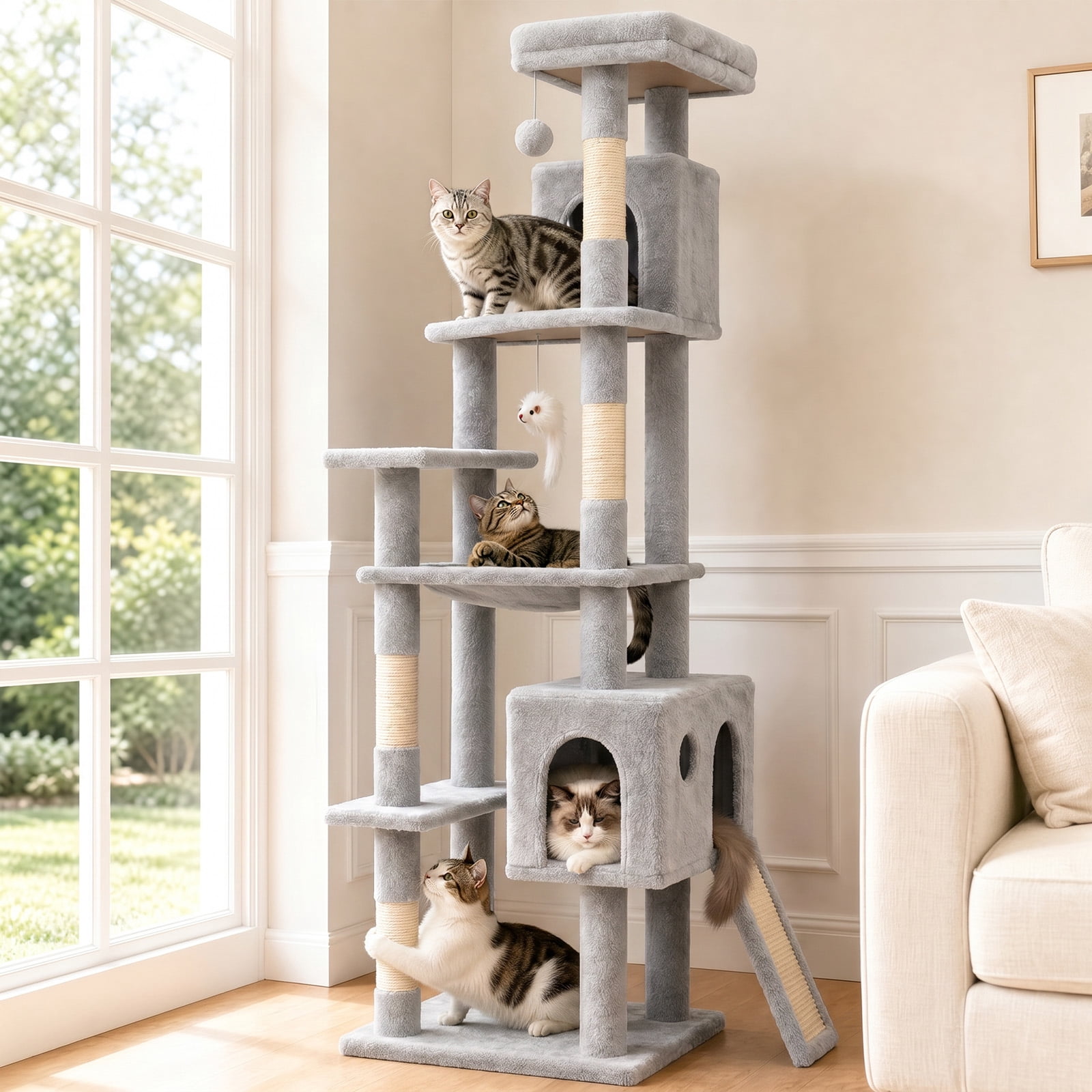 70" Cat Tree Tower, Heavy Duty Cat Tower for for Multiple Adult Cats, Multi-Level Tall Cat Tree with 2 Condos, Hammock and Scratching Post for Indoor Kitties, Light Grey