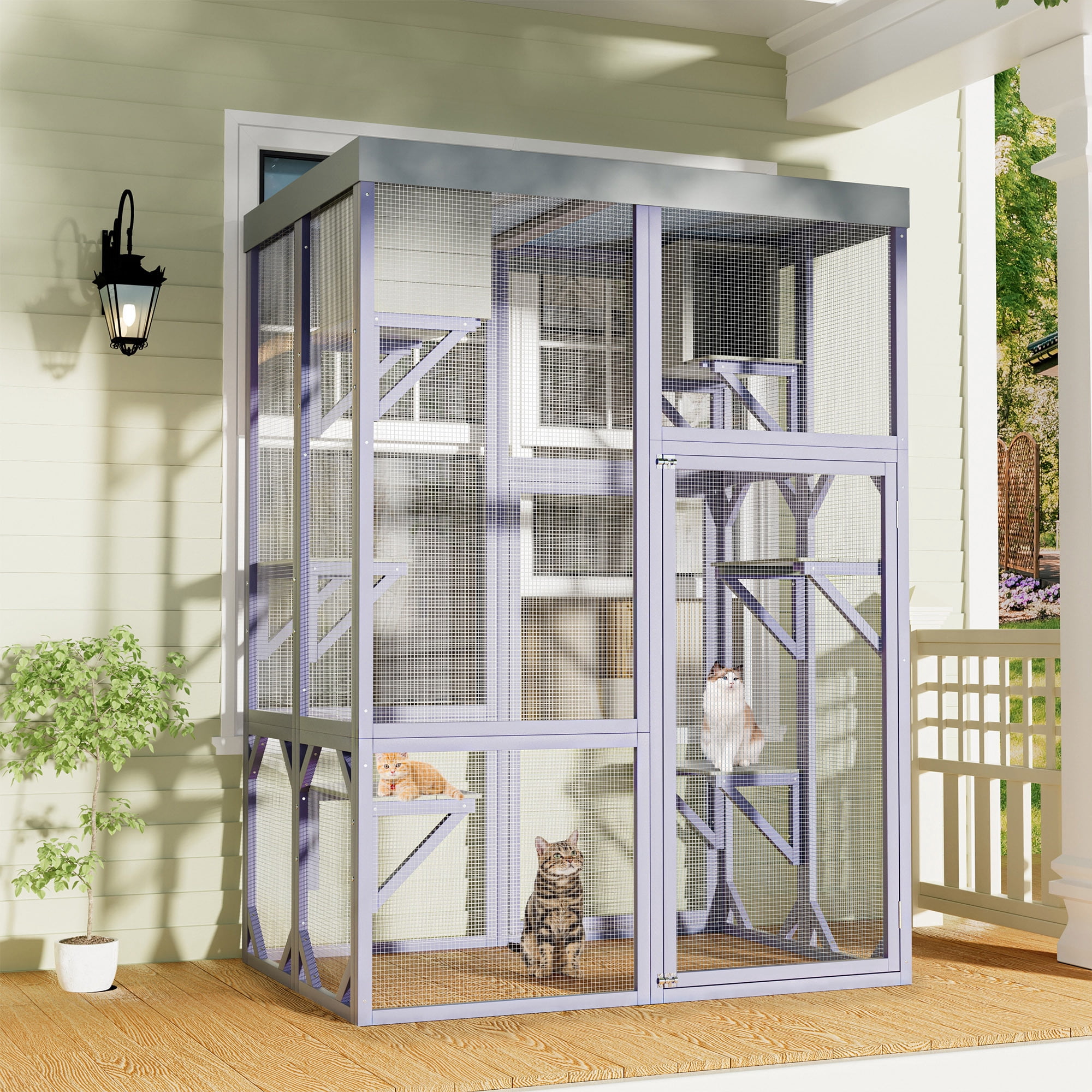 70" Catio Outdoor Cat Enclosure Indoor cage, large Wooden Cat House with Waterproof Roof, 4-Tier Playing Platforms & 2 Napping Houses with Connectable Window Door for Multiple Cats (Grey)