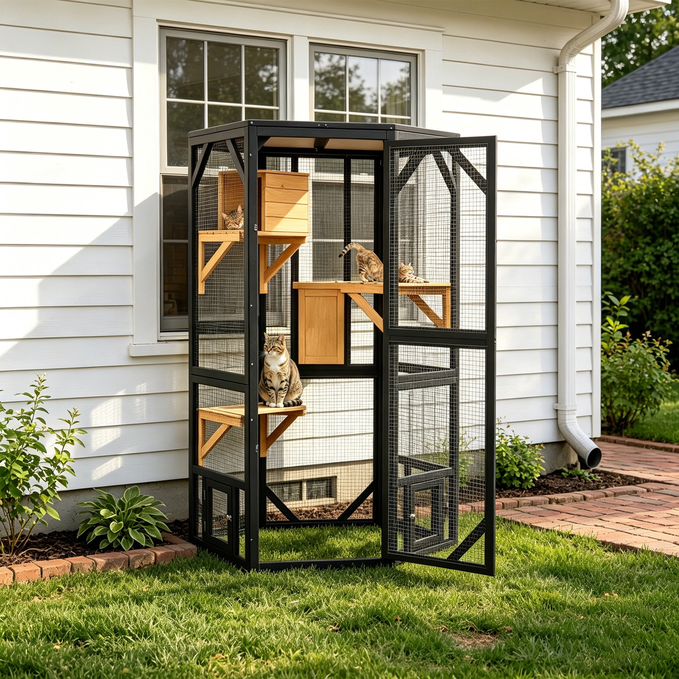 70" Catio Outdoor Cat Enclosure,Large Cat House Walk-in Cat Cage with Waterproof Cover for Multi Cats, Black with Yellow