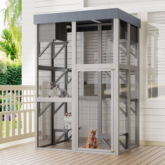 70＂Catio Outdoor Cat Enclosure, Large Wood Cat House for Multiple Cats, Waterproof Top, Cat Shelter Enclosure with 6 Jumping Platforms and 2 Resting Box
