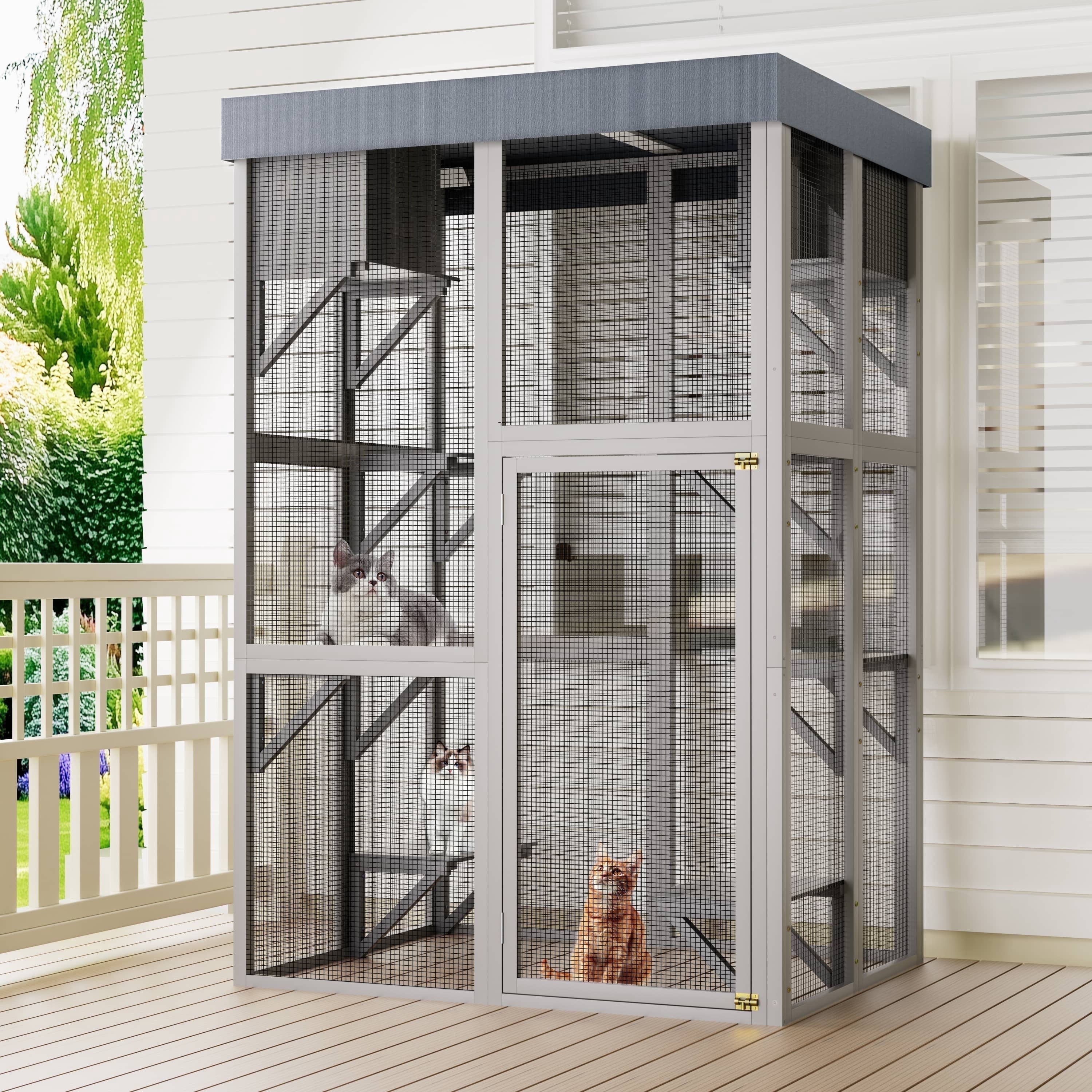 70＂Catio Outdoor Cat Enclosure, Large Wood Cat House for Multiple Cats ...
