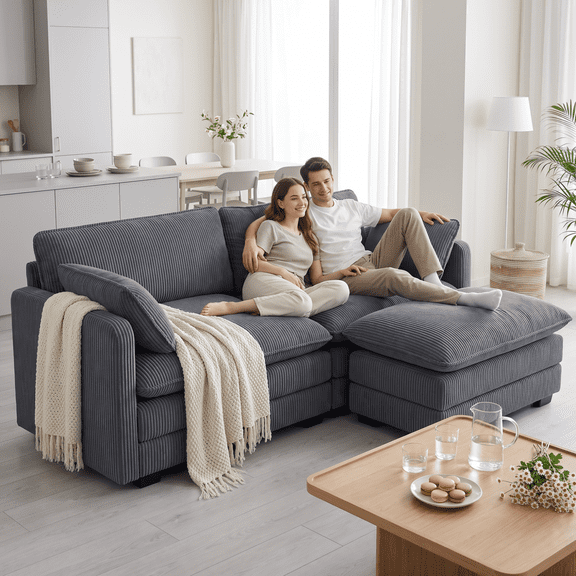 75'' Cloud Loveseat with Ottoman, Noelse L Shaped Cloud Couch with Washable Cover and Pillows, 2 Seater Small Sectional Sofas for Living Room Apartment, Corduroy Gray