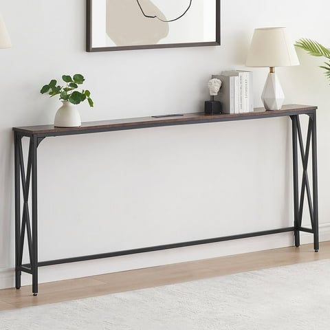 70" Console Table Entryway Sofa Table with Power Outlets,Rustic Brown