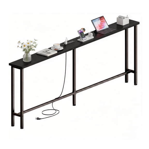 Keelian 70" Narrow Behind Couch Table with Built‑in Power Strip, Long Sofa Table with Charging Station, Metal Frame Skinny Console Table for Living Room, Entryway and Home Office,Black