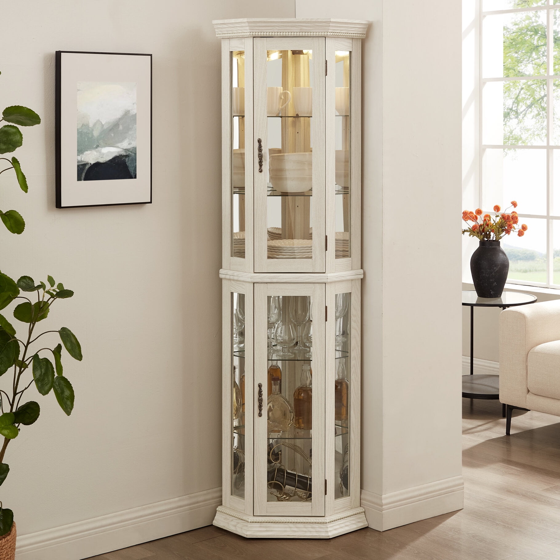 70" Corner Curio Cabinet with LED Lights, Glass Display Shelf with Doors and 4 Adjustable Shelves, Vintage Storage Rack for Living Room, Office, Bar, White
