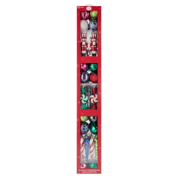 70-Count Bright Multicolor Shatterproof Christmas Ornaments, by Holiday Time