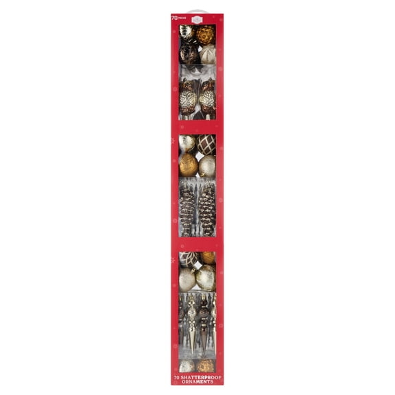 70-Count Gold/Bronze/Brown Shatterproof Christmas Ornaments, by Holiday Time