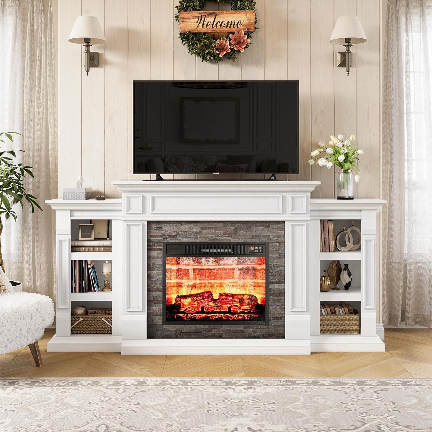 70" Electric Fireplace with Mantel and Fireplace TV Stand for