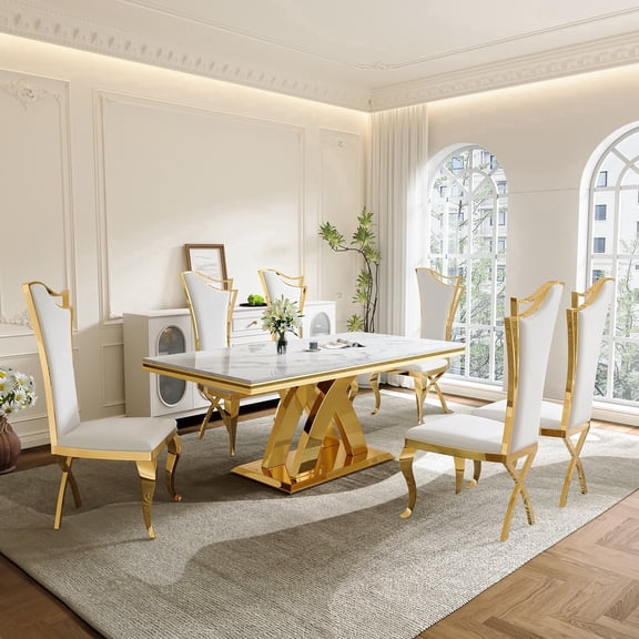 70" Elegant Marble Rectangle Dining Set, Faux Marble Top with Polished Metal Base & 6 High Back Chairs