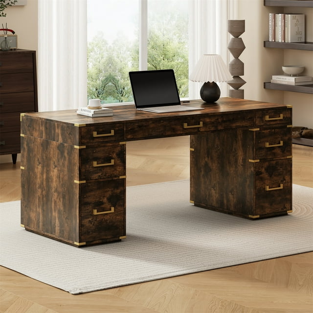 70" Executive Desk, Large Office Computer Desk with Metal Edge Trim, Writing Desk with 2 File Drawers and Outlets, Modern Simple Workstation Business Furniture for Home Office