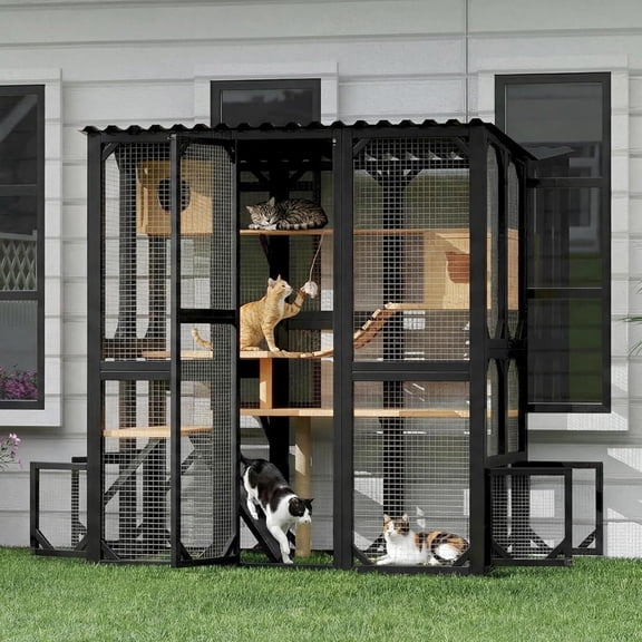 70'' Extra Large Catio Outdoor Cat Patio Walk-in Enclosure Window Access | Large Outdoor Weatherproof Catio Cat Cage with Hammock, Resting Box, Scratching Post, Cat Catio for Multiple Cats