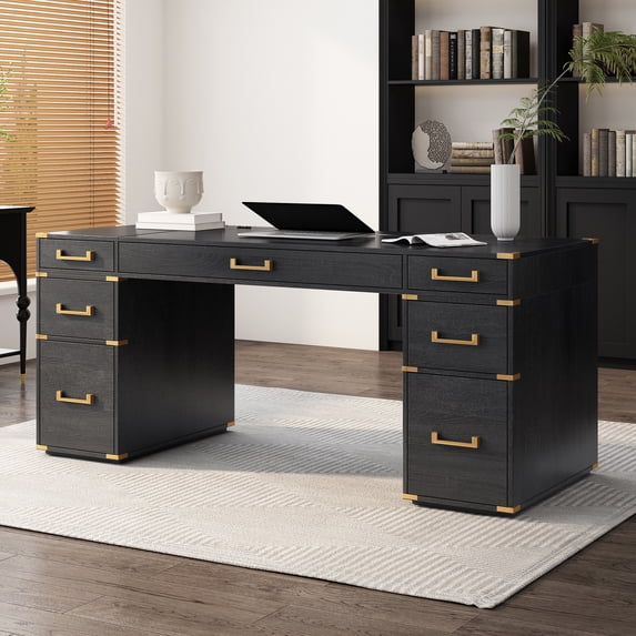 70" Extra-Large Classic and Traditional Executive Desk with Metal Edge Trim ,Writing Desk with 2 file drawers,USB Ports and Outlets,Desk with Hidden Compartment for Living Room