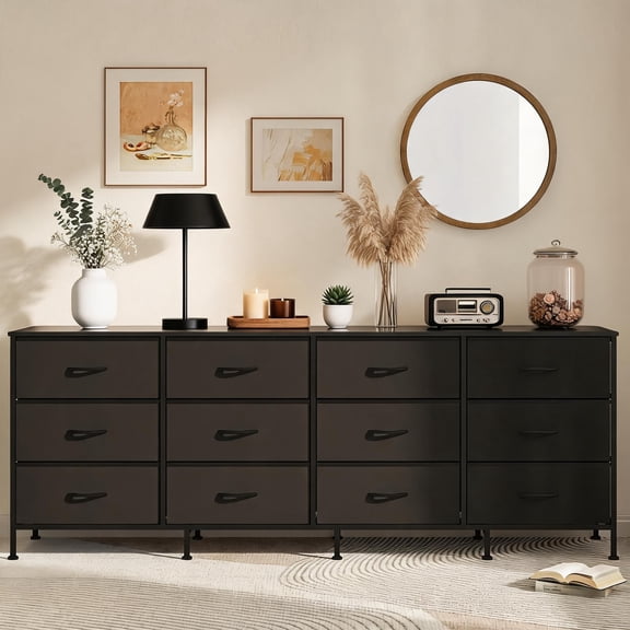 70" Extra-Long TV Stand Dresser with 12 Fabric Drawers, Sturdy Wood Frame Media Console for 65–80" TVs - Large Storage Chest for Living Room/Bedroom
