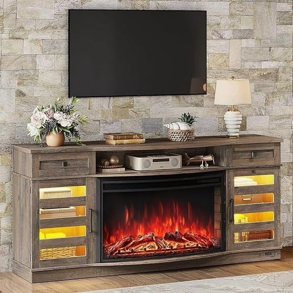 VANACC 70" Farmhouse Curved Fireplace TV Stand, Entertainment Center with 36" Electric Fireplace TV Console Cabinet for TVs up to 80", Wash Grey