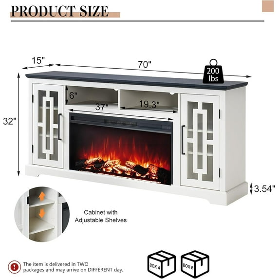 70" Farmhouse Large Fireplace TV Stand for 80" TV, LED Media Entertainment Center with 37" Fireplace, Rustic Storage Cabinet