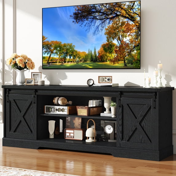 70" Farmhouse TV Stand for 75 Inch TVs with Sliding Barn Door, Rustic Wood Entertainment Center Large Media Console Cabinet for Living Room