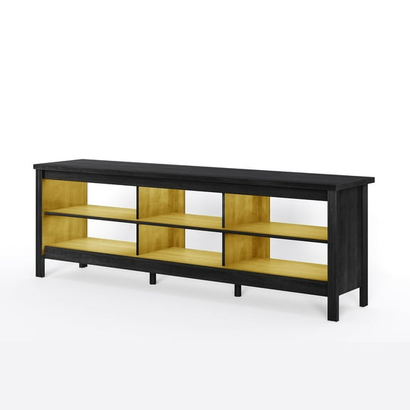 FITUEYES 70" Farmhouse TV Stand for 75 inch TV, Black Entertainment Center with 6 Storage & LED Light for Living Room, Bedroom