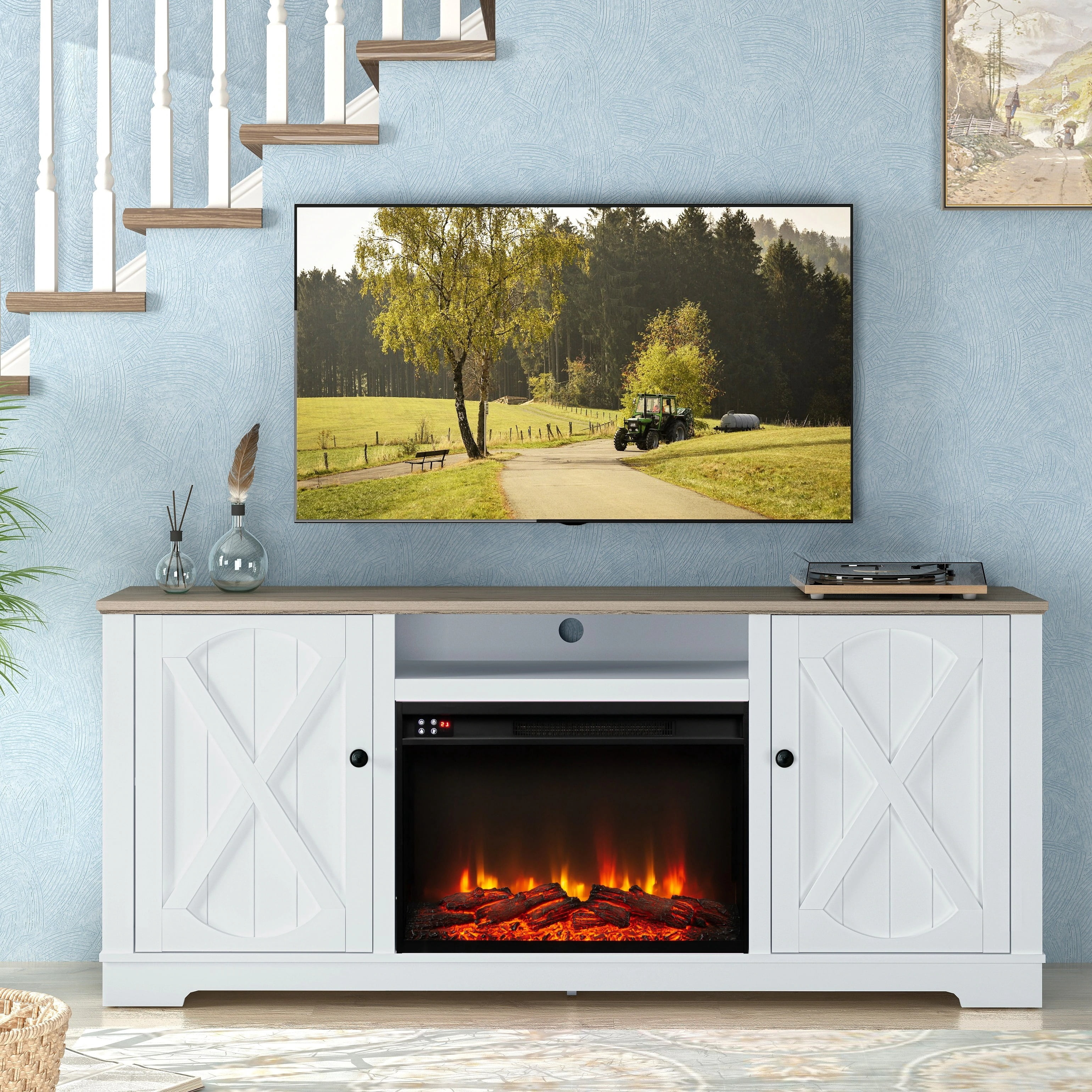 70" Farmhouse TV Stand with 26" Electric Fireplace,Heats 400 Sq Ft,White
