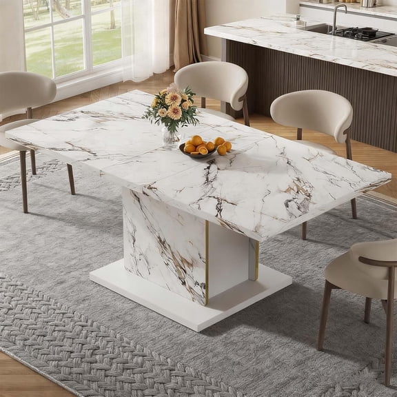 70" Faux Marble Dinner TableRectangle Modern White Dining Table for 6-8 PeopleLarge Kitchen Furniture Table with Sturdy Base for Dining Room, Living Room, White