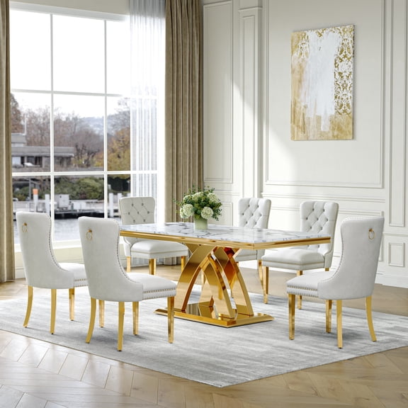 70"Faux Marble Rectangle Table Set, X-Shape Stainless Steel Base & 6 Ergonomic Velvet Chairs