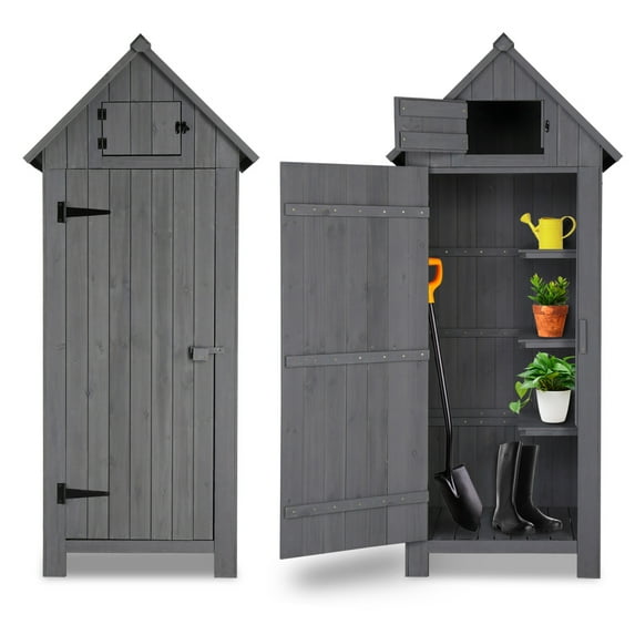70" Fir Wood Garden with Door and Multilayer Design, Outdoor Storage Cabinet with Black Double Slope Top, Vertical Storage Shed for Yard, Patio, Deck and Porch, Dark Gray