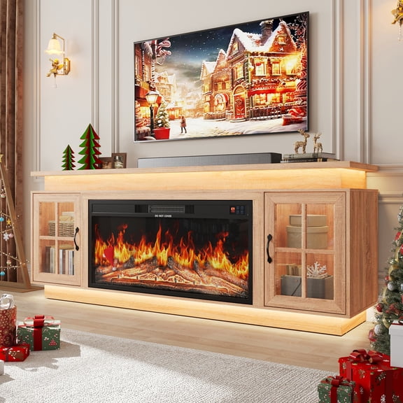 70" Fireplace TV Stand for 65" 70" 75" 80" TVs, Modern Entertainment Center with 36" Electric Fireplace, Wood Media Console with 4-Zone LED Lights & Charging Station & Glass Doors