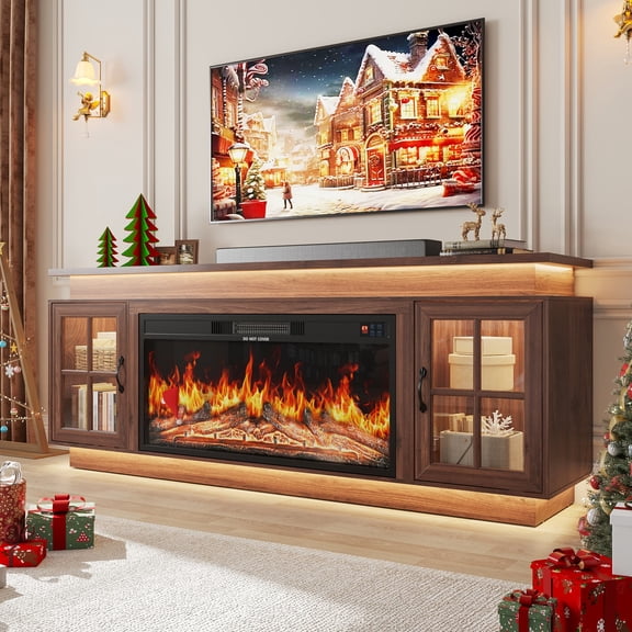 70" Fireplace TV Stand for 65" 70" 75" 80" TVs, Modern Entertainment Center with 36" Electric Fireplace, Media Console Table with LED Lights & Glass Doors Storage for Living Room