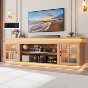 LED TV Stand for up 85" 90" TVs, Modern Entertainment Center with 40" Fireplace Space & Charging Station, Wooden Media Console with Glass Display Cabinets & LED