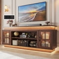 thumbnail image 1 of LED TV Stand for up 75" 80" TVs, Modern Entertainment Center with 36" Fireplace Space & Charging Station, Wooden Media Console with Glass Display Cabinets & LED Lights, Walnut, 1 of 10
