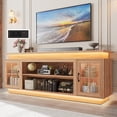 thumbnail image 1 of LED TV Stand for up 75" 80" TVs, Modern Entertainment Center with 36" Fireplace Space & Charging Station, Wooden Media Console with Glass Display Cabinets & LED Lights, Natural Oak, 1 of 10