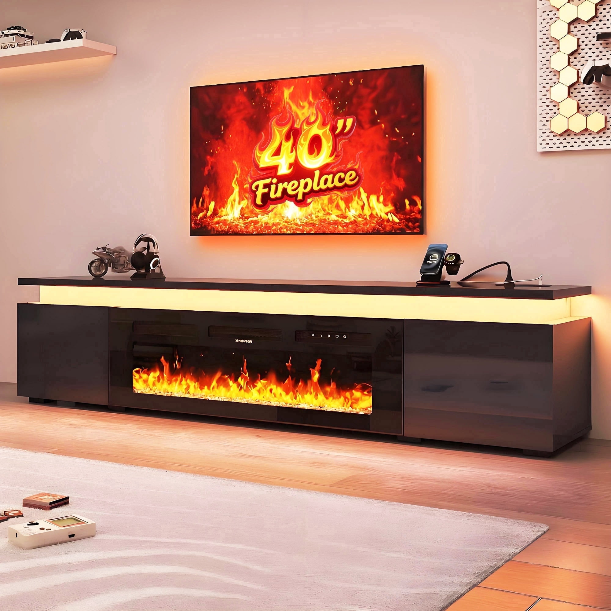 70" LED TV Stand with 40" Fireplace for Modern Living Room, Glossy Fireplace TV Stand Gaming Entertainment Center with Power Outlet for 85/80/75 Inch TVs