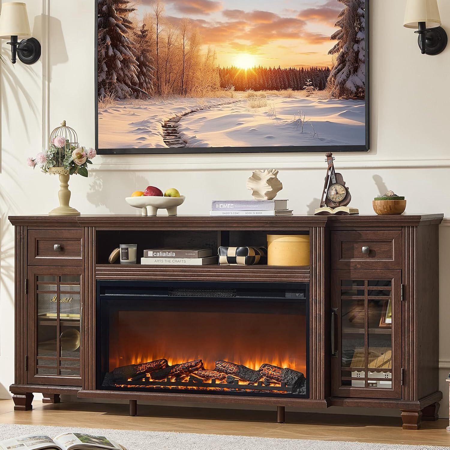 70" Fireplace TV Stand, Up to 80 inch, Entertainment Center with Electric Fireplace, Storage Cabinets, Open Shelves and Drawers, Media Console for Living Room, Walnut