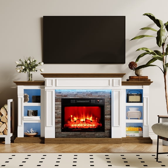70" Fireplace TV Stand with Led Lights & 23'' Electric Fireplace and Bookshelves,Wooden Storage Freestanding Heater with Remote Control for TVs up to 80",White & Brown, 70"W x 13.58"D x 36.18"H