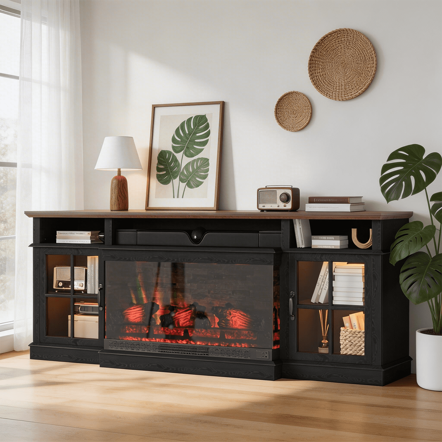 BaPiPro 70" Farmhouse Fireplace TV Stand for TVs Up to 80", Entertainment Center with 3-Sided 36" Electric Fireplace & LED Lights, 2 Drawers & 2 Storage Cabinet, Black