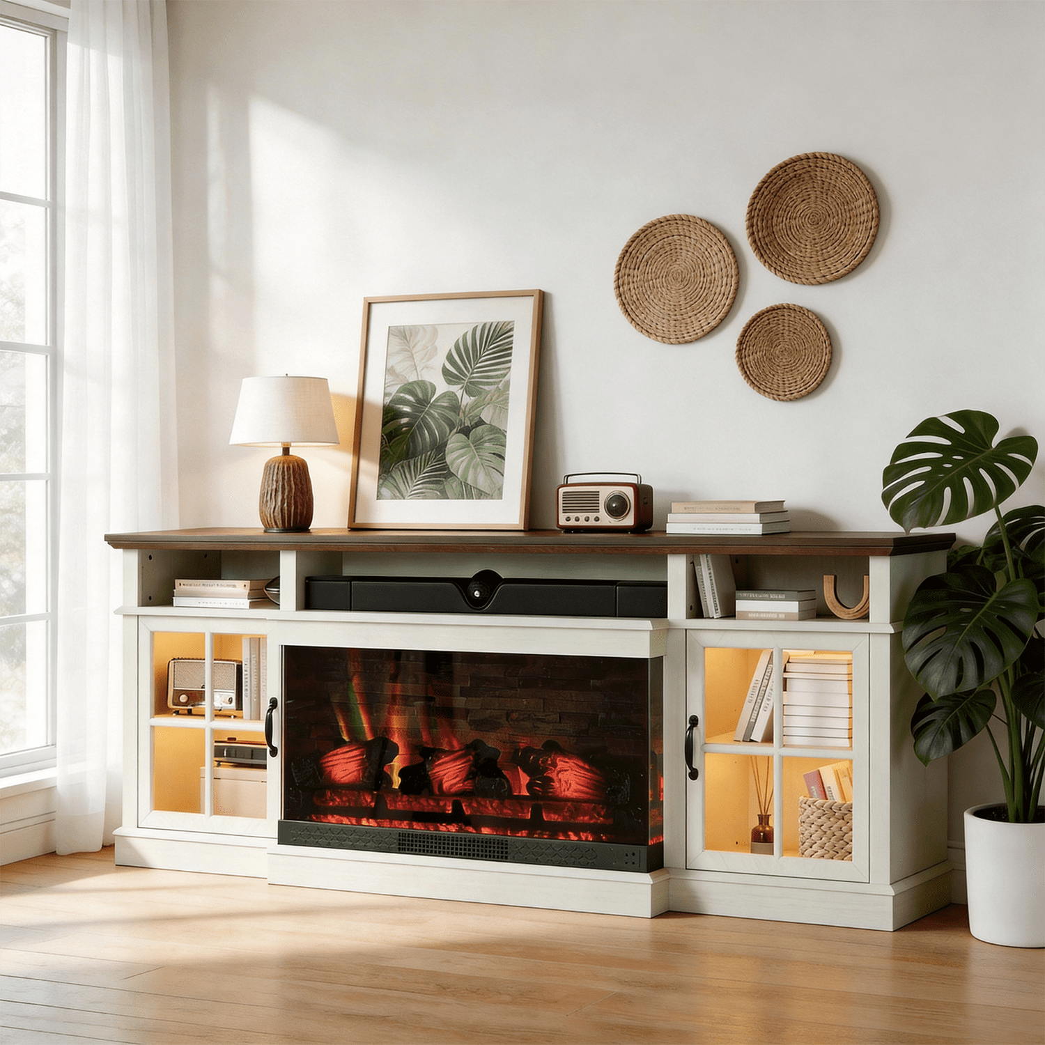 BaPiPro 70" Farmhouse Fireplace TV Stand for TVs Up to 80", Entertainment Center with 3-Sided 36" Electric Fireplace & LED Lights, 2 Drawers & 2 Storage Cabinet, White