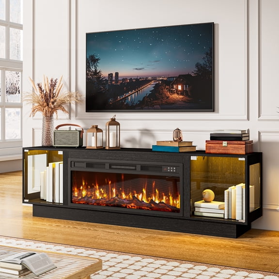 70" Fireplace TV Stand for TVs UP to 80", Modern TV Stand with 36" Fireplace, Luxury Glass Doors Entertainment Center with Adjustable LED Light & Highlight Storage Cabinet for Living Room