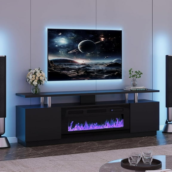 70" Fireplace TV Stand for 80 Inch TV, Entertainment Center with 36" Electric Fireplace (12 Flame Colors) and Storage
