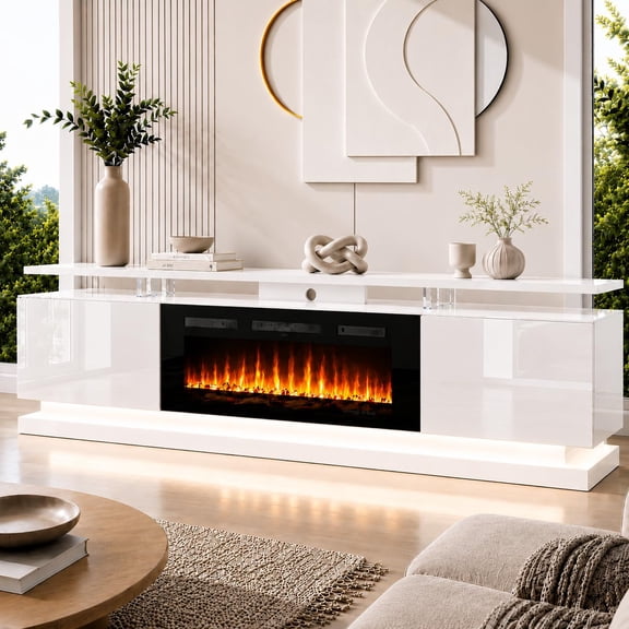 70" Fireplace TV Stand for 80" TVs, Storage Cabinets & Adjustable LED Light, Media Console, White Entertainment Center