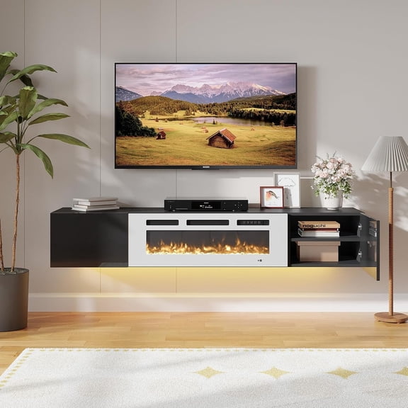 70" Floating Fireplace TV Stand with 36" Electric Fireplace Insert, Wall-Mounted Media Console with Storage, Black & White, 130 lbs Capacity