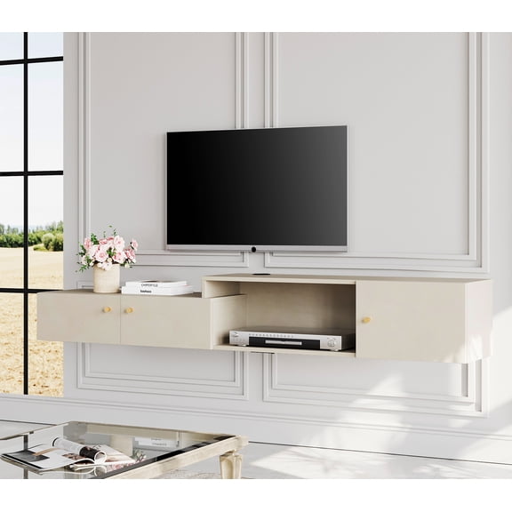 70'' Floating TV Stand with Charging Station, Wall Mounted Entertainment Center, Media Console Center with Storage, Modern Shelf Hanging Hutch Component Under TV
