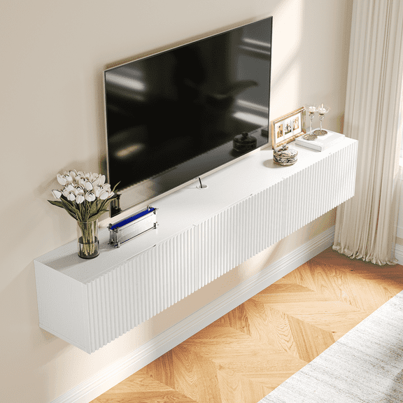 70" Fluted Floating TV Stand, Wall Mounted Media Console with 3 Flip-Down Doors,  White