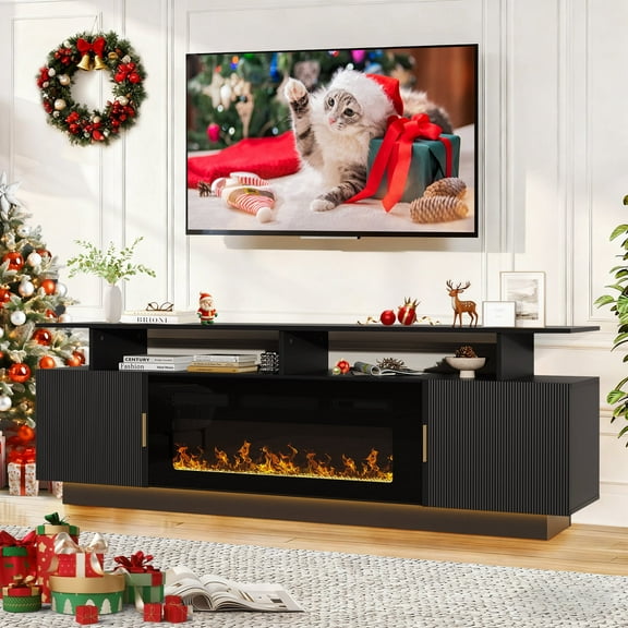 70 Fluted TV Stand with 36 Electric Fireplace, 2 Tier TV Console Cabinet with Storage Cabinet, LED Lights, Power Outlet, Modern Wood Entertainment Stand Fits TVs up to 80" for Living Room, Bedroom