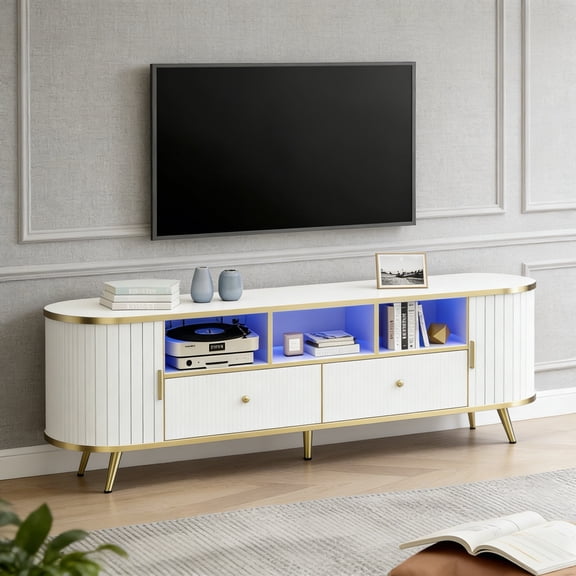 70 Fluted TV Stand with LED Lights, Entertainment Center for TVs Up to 80 Inches, Modern Media Console with Storage Cabinet, Open Shelves & Sliding Doors, TV Consoles for Living Room, White